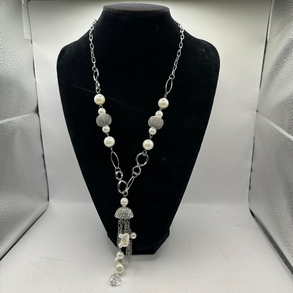 Silver & Pearl Beaded Necklace With Rhinestone Tassel Pendant & Lobster Clasp
